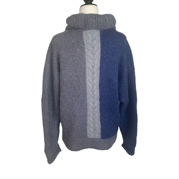 Hand Knit Style Sweater Cable Knit Pullover Turtle Neck Dolman Blues & Grey M - Picture 6 of 10